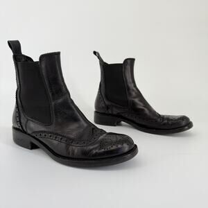 Mauro Giuli Womens 37 Black Leather Wingtip Brogue Chelsea Boots Italy